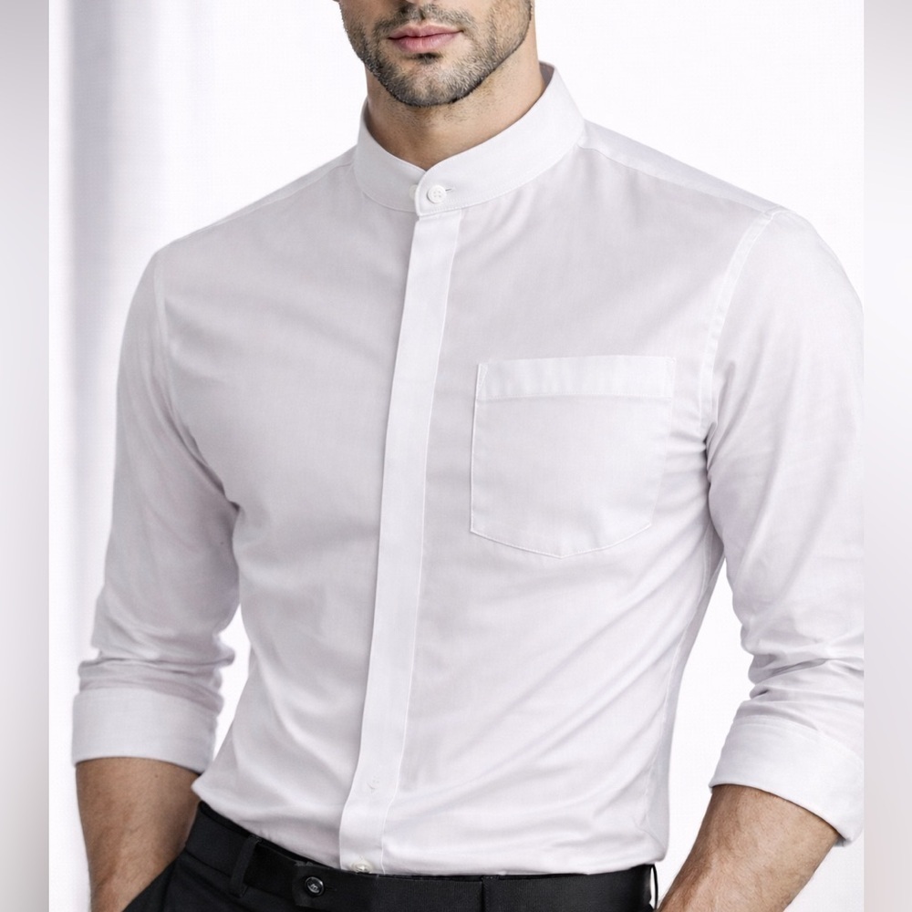 Damante Couture Collection White Mandarin Collar Shirt | Hidden Placket (1137-1)